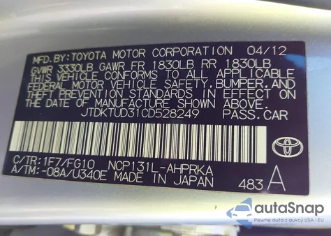 2012 Toyota Yaris L from USA, damaged, VIN JTDKTUD31CD528249